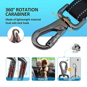 IOKHEIRA Dog Seat Belt 3-in-1 Car Harness for Dogs Adjustable Safety Seatbelt for Car Durable Nylon Reflective Bungee Fabric Tether with Clip Hook Latch & Buckle, Swivel Zinc Alloy Carabiner