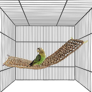 Bird Seagrass Mat,Natural Grass Woven Net Hammock Hanging on Parrot Cage with 4 Hooks,Parakeet Climbing Rope Ladder Chew Toys for Lovebird Cockatiel Conure Budgie,Cockatoo Supplies 28.3" x 6.7"