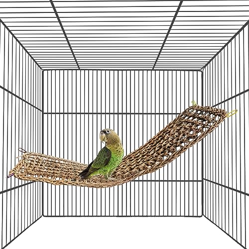 Bird Seagrass Mat,Natural Grass Woven Net Hammock Hanging on Parrot Cage with 4 Hooks,Parakeet Climbing Rope Ladder Chew Toys for Lovebird Cockatiel Conure Budgie,Cockatoo Supplies 28.3" x 6.7"