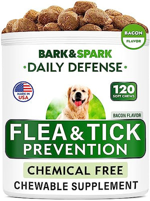 Natural Flea and Tick Prevention Chews for Dogs - Chewable Tablets for Dogs - All Breeds and Ages - Made in USA Flea and Tick Remover Supplement - Bacon - 120 Treats