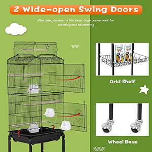 Best Pet Bird Cage 64-inch Open Top Standing Medium Small Parrot Parakeet Bird Cage with Rolling Stand for Lovebirds Parakeets Cockatiels and Parrotlet, Pet Flight Bird Cage Birdcage, Black