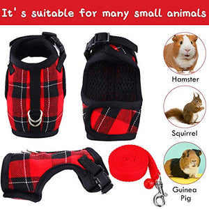 2 Pieces Guinea Pig Harness and Leash Plaid Hamster Harness with Safety Bell Adjustable Ferret Harness and Leash Set No Pulling Walking Vest for Ferret Chinchilla and Similar Small Animals (S)