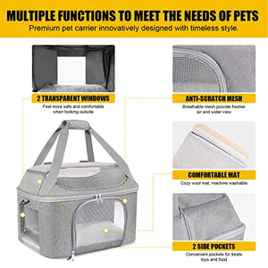 Bejibear Small Cat Carrier for 2 Cats, Oeko-TEX Certified Soft Side Pet Carrier for Cat, Small Dog, Collapsible Travel Small Dog Carrier, TSA Airline Approved Cat Carrier for Medium Cats 20 lbs-Gray