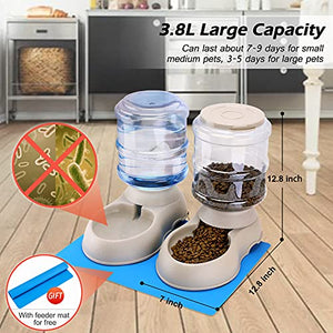 2 Pack Automatic Cat Feeder and Water Dispenser in Set Gravity Food Feeder and Waterer with Pet Food Mat for Small Medium Dog Pets Puppy Kitten Big Capacity 1 Gallon x 2