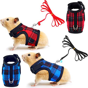 2 Pieces Guinea Pig Harness and Leash Plaid Hamster Harness with Safety Bell Adjustable Ferret Harness and Leash Set No Pulling Walking Vest for Ferret Chinchilla and Similar Small Animals (S)