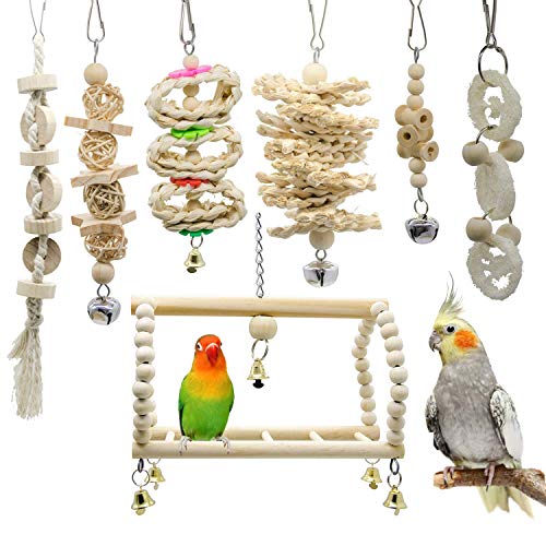 Deloky 7 Packs Parrot Swing Chewing Toys-Hanging Bell Bird Cage Toys Suitable for Small Parakeets, Cockatiels, Conures, Finches,Budgie,Macaws, Parrots, Love Birds