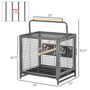 PawHut 19" Travel Bird Cage Parrot Carrier with Handle Wooden Perch for Cockatiels, Conures, Black