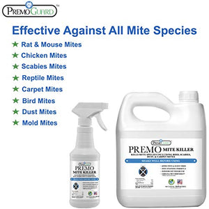 Mite Killer Spray by Premo Guard 16 oz – Treatment for Dust Spider Bird Rat Mouse Carpet and Scabies Mites – Fast Acting 100% Effective – Child & Pet Safe – Best Natural Extended Protection