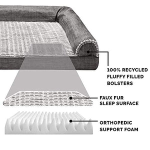 Furhaven Orthopedic Dog Bed for Large Dogs w/ Removable Bolsters & Washable Cover, For Dogs Up to 95 lbs - Luxe Faux Fur & Performance Linen Sofa - Charcoal, Jumbo/XL