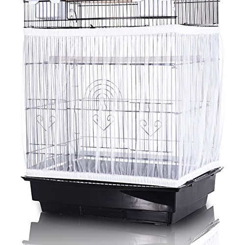 Tamu style Bird Cage Seed Catcher, Large, Stretchy Form Fitting Mesh Skirt Cover for Parrot Enclosures, Light and Breathable Fabric, Prevent Scatter and Mess, Reusable White