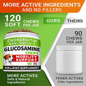 Glucosamine Treats for Dogs - Joint Supplement w/Omega-3 Fish Oil - Chondroitin, MSM - Advanced Mobility Chews - Joint Pain Relief - Hip & Joint Care - Chicken Flavor - 120 Ct - Made in USA