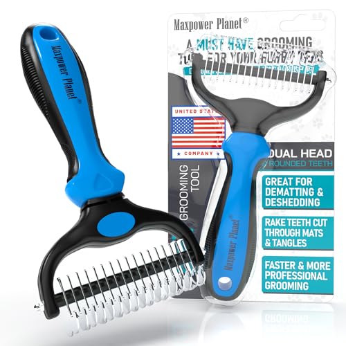 Maxpower Planet Pet Grooming Brush - Double Sided Shedding, Dematting Undercoat Rake for Dogs, Cats - Extra Wide Dog Grooming Brush, Dog Brush for Shedding, Cat Brush, Reduce Shedding by 95%, Blue