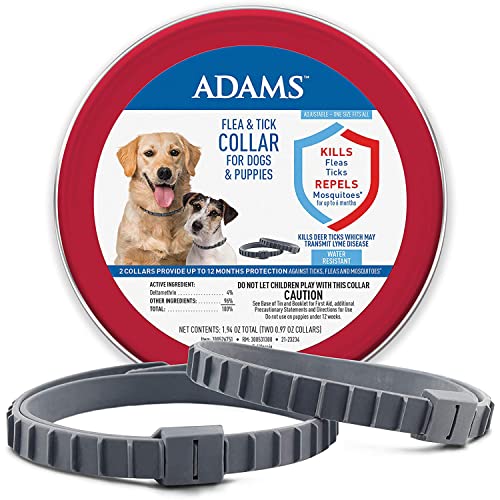 Adams Flea & Tick Collar for Dogs & Puppies |2 Pack |12 Months Protection |Adjustable One Size Collar Fits All Dogs 12 Weeks & Older |Kills Fleas & Ticks |Repels Mosquitoes (excluding California)