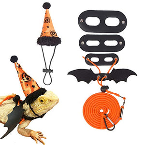 ADOGGYGO Halloween Bearded Dragon Lizard Leash Harness Hat Set - Bearded Dragon Clothe Halloween Pumpkin Hat + 3 Pack Reptile Harness Leash for Bearded Dragon Lizard Reptile (Halloween)