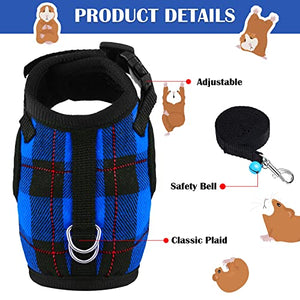 2 Pieces Guinea Pig Harness and Leash Plaid Hamster Harness with Safety Bell Adjustable Ferret Harness and Leash Set No Pulling Walking Vest for Ferret Chinchilla and Similar Small Animals (S)