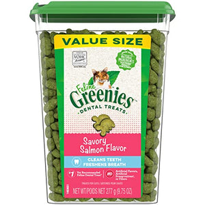 FELINE GREENIES Adult Dental Cat Treats, Savory Salmon Flavor, 9.75 oz. Tub