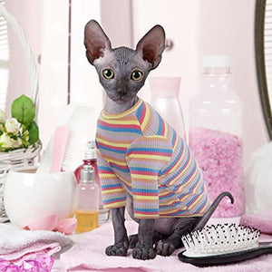 Bonaweite Sphynx Hairless Cats Shirt, Cornish Rex Kitten Rainbow Stripe T-Shirts with Sleeves, Breathable Cat Wear Turtleneck Sweater, Adorable Peterbald Cat's Clothes Vest Pajamas for All Season