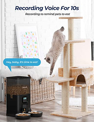 Voluas Automatic Cat Feeders for Two Cats, Double Pet Feeder with 2 Stainless Steel Bowls,6L Timed Cat Feeder with Memory Function, Pet Food Dish