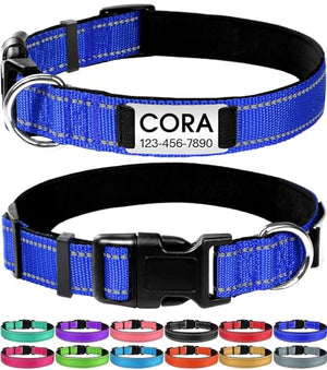 Joytale Personalized Dog Collars, Reflective Nylon Dog Collar with Engraved Name Plate, Customized for Large Dogs, Dark Blue, L