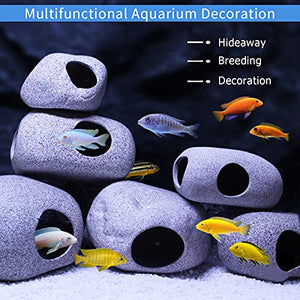 MUNLIT Ceramic Fish Tank Decorations, Betta Fish Tank Accessories Rock Caves, Stackable Aquarium Cichlid Cave, Betta Fish Hideout and House, Small Hiding Rock for Fish Bowl (2 PCS Oval Style A)