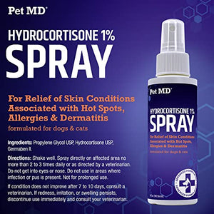 Pet MD Hydrocortisone Spray for Dogs, Cats, Horses - Itch Relief Spray & Hot Spot Treatment for Dogs, Irritated Dry Itchy Skin, Allergies, and Dermatitis - Reduces Topical Inflammation - 4 oz