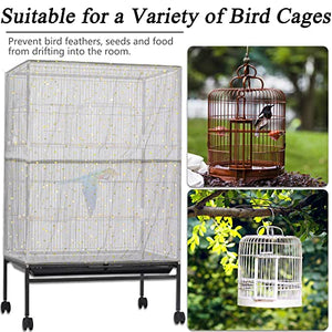 JULMELON 2Pcs Adjustable Bird Cage Seed Catcher(White) Birdcage Nylon Mesh Cover Twinkle Star Universal Birdcage Cover for Parakeet Round Square Cage with Spring Hook