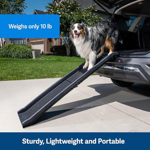 PetSafe Happy Ride Folding Pet Ramp for Cars, Trucks, & SUVs- 62 Inch Portable for Large Dogs with Siderails, Non-Slip- Weighs Only 10 lb, Supports up to 150 lb, Easy Storage, Folds in Half