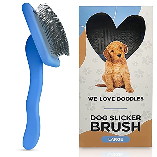 We Love Doodles Dog Slicker Brush for Grooming Pet Hair Poodle Brush for Shedding Medium & Long Haired Dogs Brush - Goldendoodle Long Pin Brush (Large)