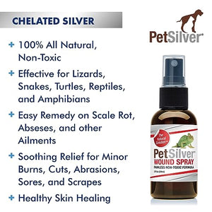 PetSilver Wound Reptile, Snake & Lizard Formula with Chelated Silver - Made in USA - Vet Formulated - Natural Pain Free Formula - Relief Support for Skin Issues, Sores, Scale Rot 2 fl oz