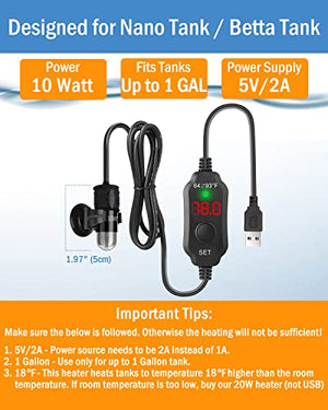 Kulife 5V/2A USB Powered 10W Super Mini Fish Tank Heater Adjustable Submersible Aquarium Heater Betta Heater Turtle Heater with LED Display Thermostat - for up to 1 Gallon Tanks