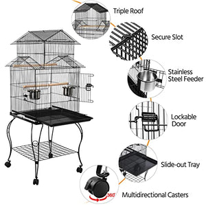 Yaheetech 55-inch Rolling Standing Triple Roof Top Medium Parrot Cage for Mid-Sized Parrots Cockatiels Sun Parakeets Green Cheek Conures Caique Pet Bird Cage with Detachable Stand