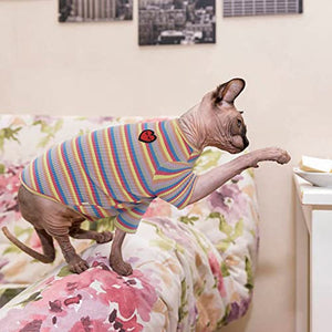 Bonaweite Sphynx Hairless Cats Shirt, Cornish Rex Kitten Rainbow Stripe T-Shirts with Sleeves, Breathable Cat Wear Turtleneck Sweater, Adorable Peterbald Cat's Clothes Vest Pajamas for All Season