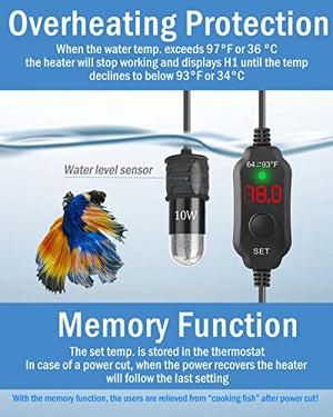 Kulife 5V/2A USB Powered 10W Super Mini Fish Tank Heater Adjustable Submersible Aquarium Heater Betta Heater Turtle Heater with LED Display Thermostat - for up to 1 Gallon Tanks