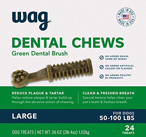 Amazon Brand - Wag Dental Chews - Green Dental Brush for Dogs, Large, Unflavored, 24 Count (Pack of 1)