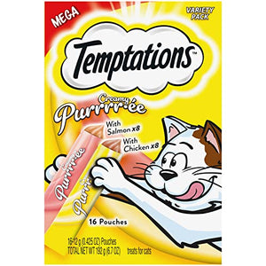 Temptations Creamy Puree with Chicken and Salmon Variety Pack of Lickable, Squeezable Cat Treats, 0.42 Oz Pouches, 16 Count