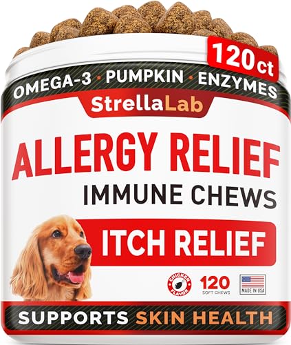 StrellaLab Dog Allergy Relief — Itchy Skin Treatment with Omega 3 & Pumpkin, Dogs Itching and Licking Treats, Itch Chew, Supplements, Hotspot for Dogs, Anti Support