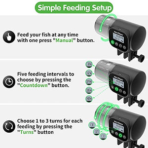 Noodoky Automatic Fish Feeder, Easy Setup Auto Fish Food Dispenser with USB Cable, Timed Feeder for Aquarium, Small Fish Turtle Tank, Auto Feeding on Vacation or Holidays Black