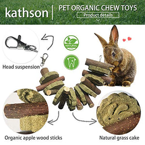 kathson 2PCS Bunny Chew Toys for Teeth Grinding, Chinchilla Treats Organic Bamboo Sticks Natural Fruitwood Branches for Rabbits Guinea Pigs Hamsters (Fruitwood Sticks+Alfalfa Cakes)