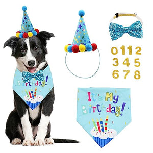 ADOGGYGO Dog Birthday Bandana Scarf and Dog Girl Boy Birthday Party Hat with Cute Dog Bow Tie for Medium Large Dog Pet (Large, Blue)