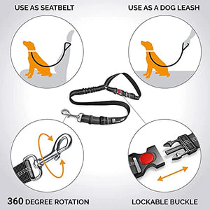 Comfortable Dog Seat Belt Harness for Car - 2-in-1 Leash and Restraint Secures to Headrest. Adjustable Bungee, Strong, Durable, 360 Degree Swivel Attach Won't Twist, Reflective, Easy to Use (Black)