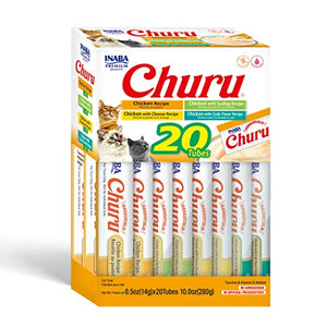 INABA Churu Cat Treats, Grain-Free, Lickable, Squeezable Creamy Purée Cat Treat/Topper with Vitamin E & Taurine, 0.5 Ounces Each Tube, 20 Tubes, Chicken Variety Box