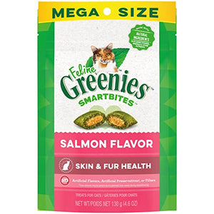 FELINE GREENIES SMARTBITES Skin & Fur Crunchy and Soft Natural Cat Treats, Salmon Flavor, 4.6 oz. Pack