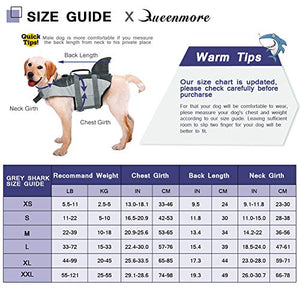 Queenmore Dog Life Jacket Ripstop Shark Dog Safety Vest Adjustable Preserver with High Buoyancy and Durable Rescue Handle for Small,Medium,Large Dogs, Grey Shark Large