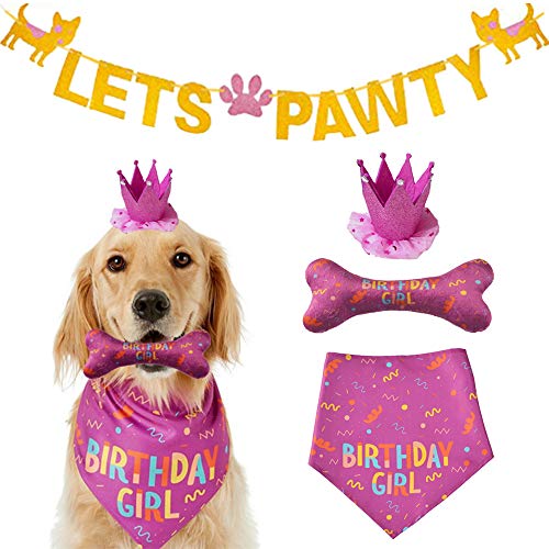 IDOLPET Dog Birthday Bandana Large Dog Birthday Hat Happy Birthday Dog Bone Toy Dog Party Set Pet Happy Birthday Party Suppliers Dog Birthday Accessories and Pet Decorations (Pink)…