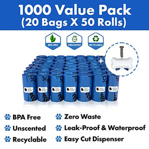 GORILLA SUPPLY Dog Poop Waste Bags with Dispenser and Leash Tie, 9" x 13", Blue, 1000 Count