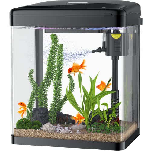 PONDON Betta Fish Tank, 2 Gallon Glass Aquarium, 3 in 1 Fish Tank with Filter and Light, Desktop Small Fish Tank for Betta Fish, Shrimp, Goldfish (Black)