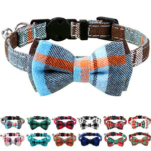 Joytale Upgraded Cat Collar with Bells, Breakaway Cat Collars with Bow Tie, 1 Pack Girl Boy Safety Plaid Kitten Collars, Haze Blue