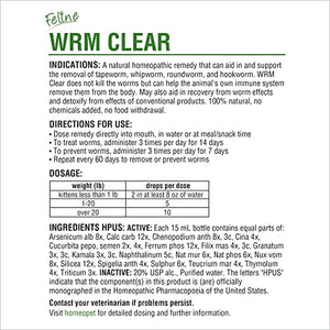 HomeoPet Feline WRM Clear, Natural Tapeworm, Whipworm, Roundworm, and Hookworm Medicine for Cats, 15 Milliliters