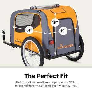 Schwinn Rascal Bike Pet Trailer, For Small and Large Dogs, Lightweight, Tow with Bicycle, Up to 50 lbs. Small, Orange/Grey