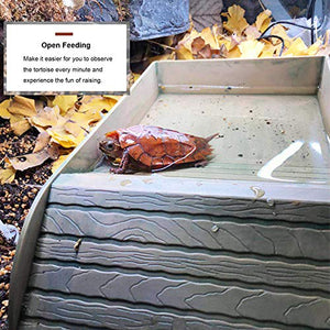 kathson Reptile Tortoise Turtle Feeding Dish with Ramp and Basking Platform Plastic Turtle Food and Water Bowl Also Fit for Bath Horned Frogs Lizards Amphibians (Brown, Emulational Wood)